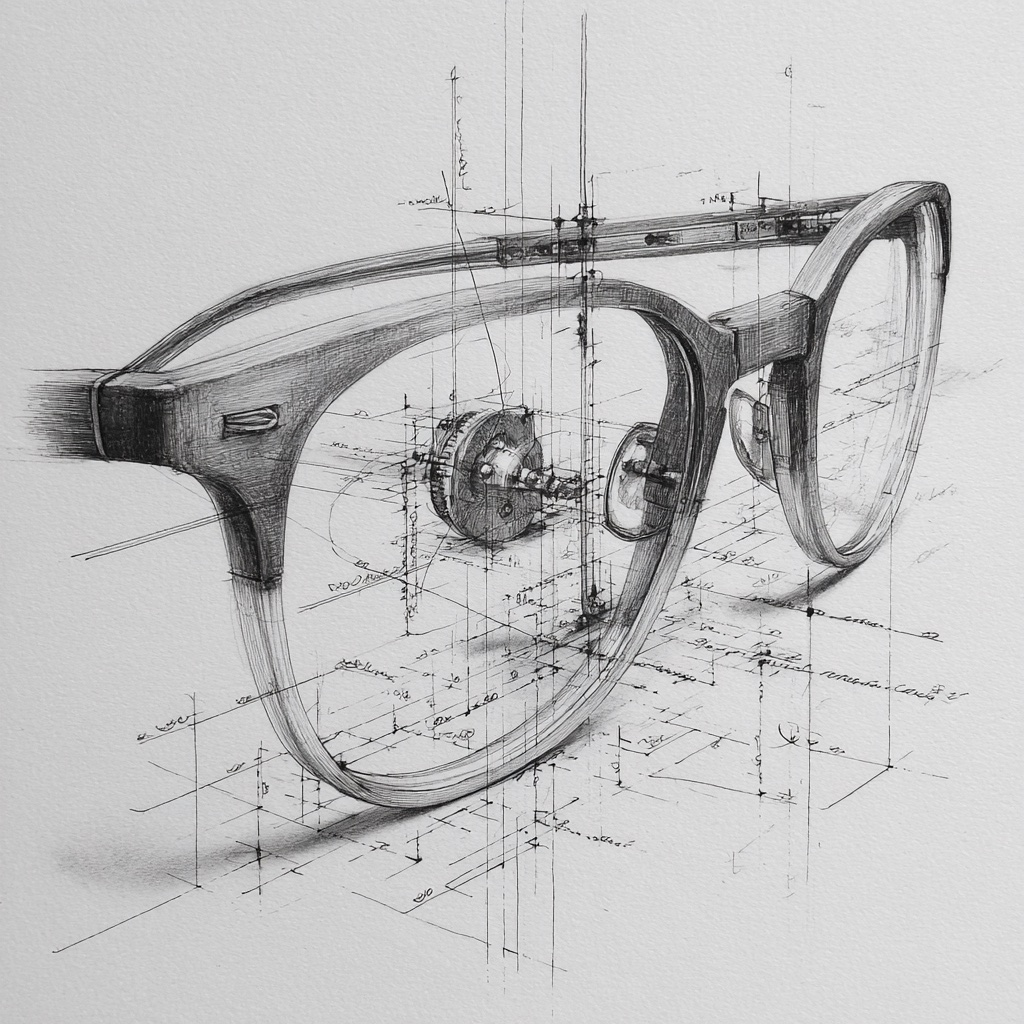 Technische Zeichnung einer Brillenfassung mit Messlinien — Symbol für die Präzisionsmessung bei eyedentity